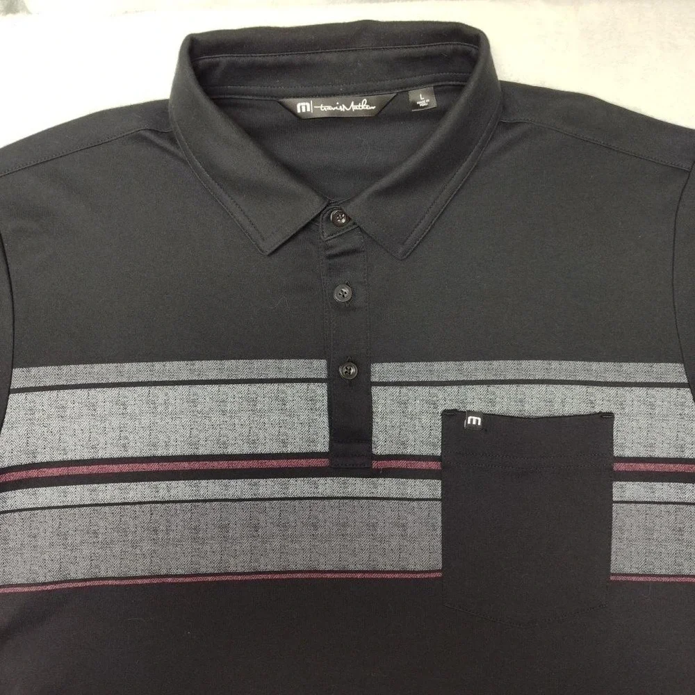 Travis Mathew Polo Shirt Mens Large Black Striped Pima Cotton Pocket Collared - Picture 3 of 11